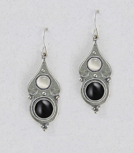 Sterling Silver Black Onyx And White Moonstone Gemstone Drop Dangle Earrings